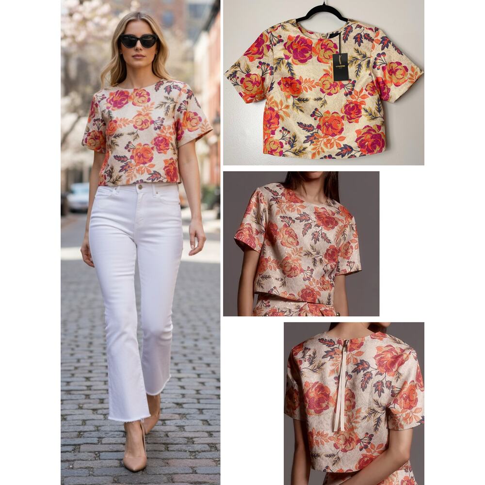 NWT LE SUPERBE TOP FLORAL GOLD METALLIX CROPPED SHORT SLEEVE FAIRY FEMININE CHIC